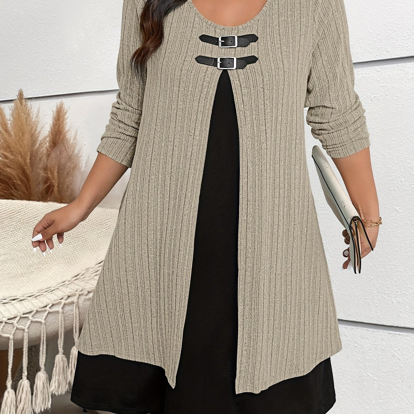 Color block dress for spring and fall, plus size, with long sleeves, elegant.