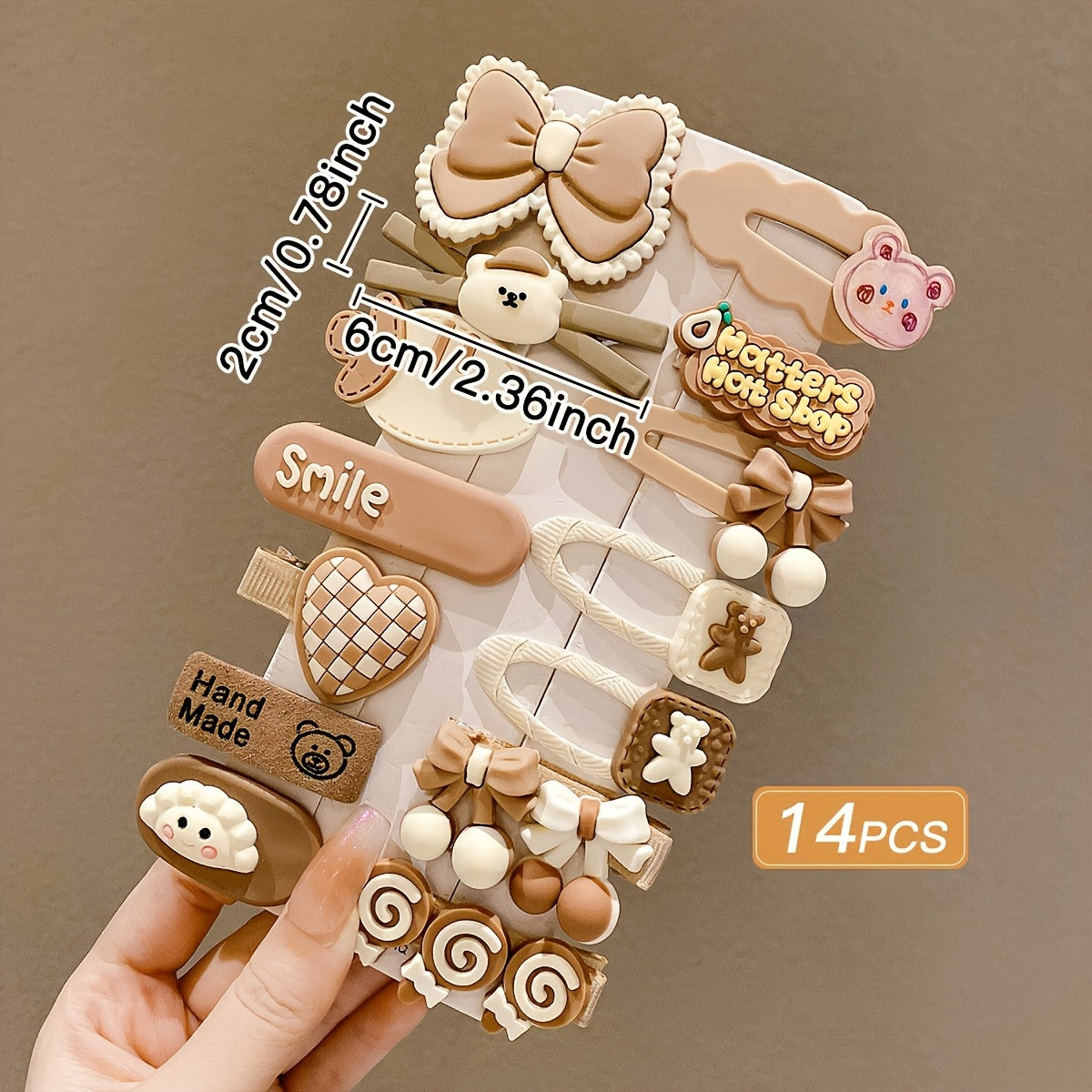 Set of 14 cute cartoon hair clips for women with milk coffee design in mixed colors, perfect for bangs and flyaways.