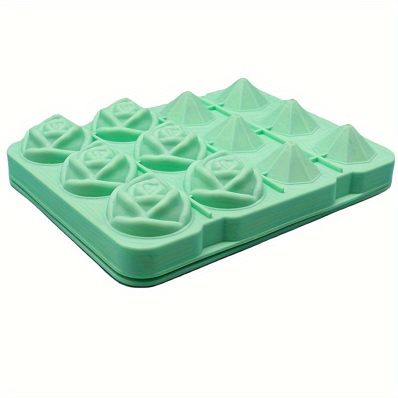 Ice Cube Mold Set - Includes 2 Silicone Trays with Rose and Diamond Shapes. Perfect for making ice cubes, chocolates, puddings, jellies, candies, and whiskey cubes. Great for freezer cocktails and a must-have for any kitchen or apartment. Essential for