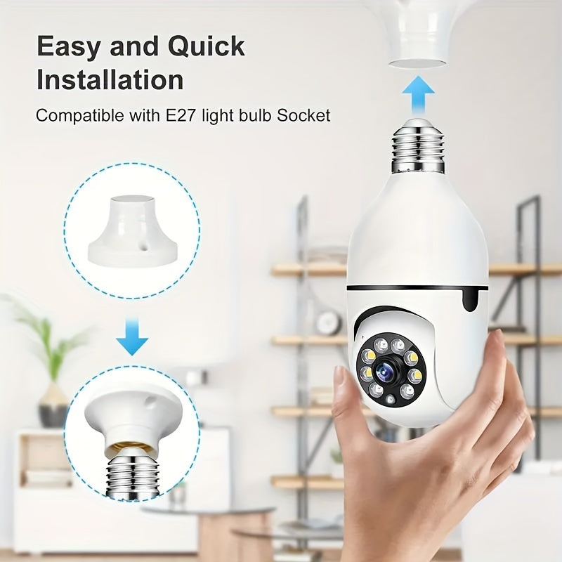 Light bulb security camera with E27 connector, featuring home WiFi capabilities. This 360-degree pan/tilt panoramic surveillance camera offers two-way audio functionality. Suitable for use both indoors and outdoors, this 2.4G IP camera does not come with