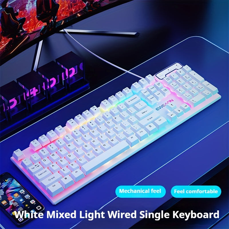 White EWEADN GX30Z Wired Gaming Keyboard with LED Rainbow Backlit, 104 Keys, Mechanical Feel, Numeric Keys, for Game and Office on Windows Laptop PC.