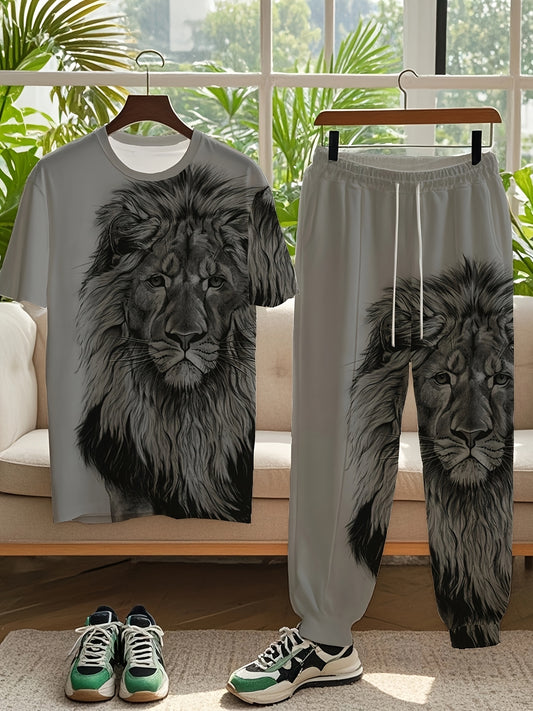 Men's plus size lion print outfit includes a short sleeve t-shirt and sweatpants set for casual wear in summer. Made with knit fabric, it has a crew neck and slight stretch, crafted from a