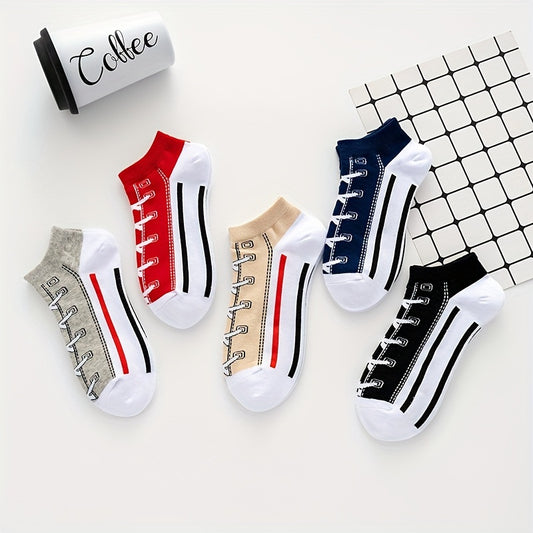 5 pairs of men's funny shoelace print ankle socks, sweat absorption and breathable, for year-round wear