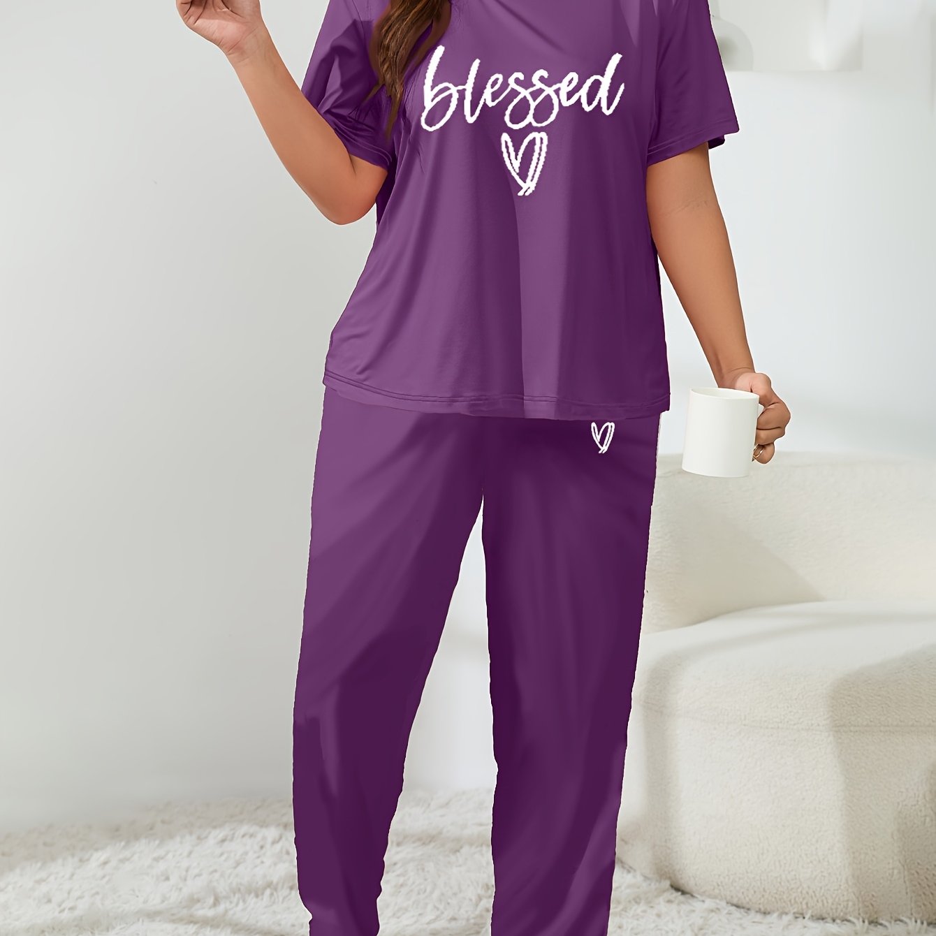 Plus Size Women's Casual Lounge Set with Heart & Letter Print, Short Sleeve Top & Pants Pajamas Set