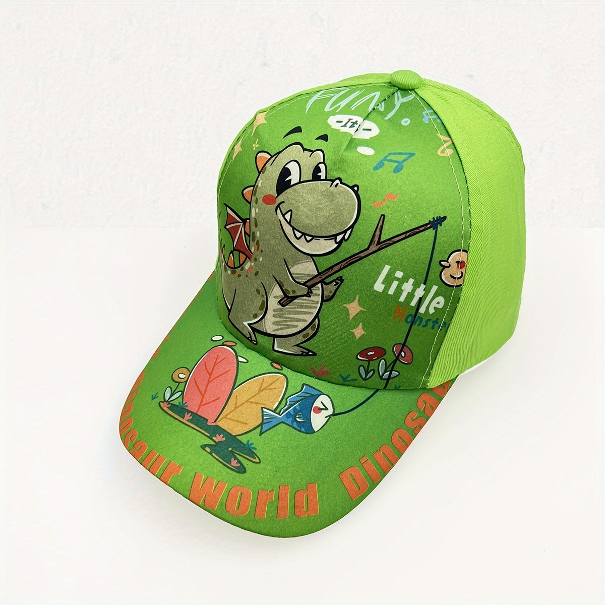 Adjustable cartoon dinosaur print baseball cap for boys and girls.