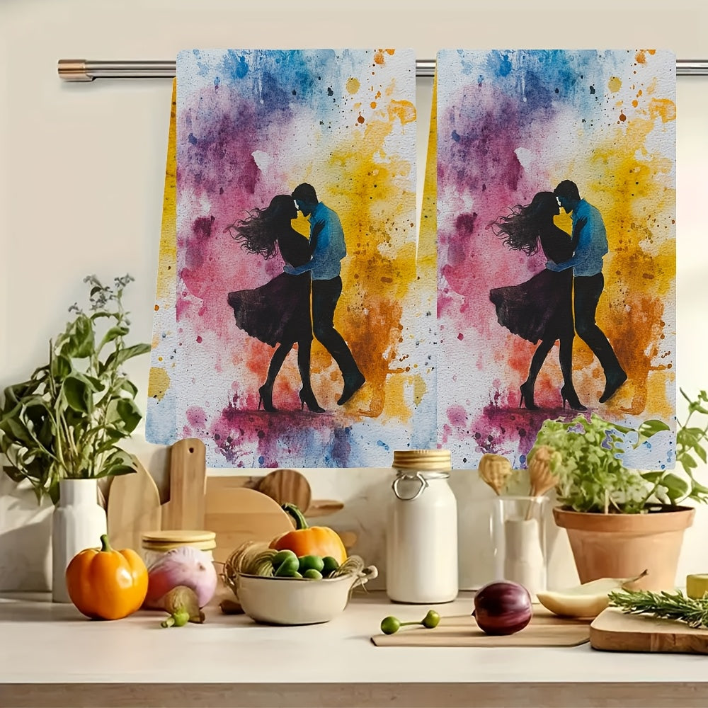 Experience the "Adventure of Love" with 2 luxurious Ultra Soft Kitchen Towels featuring a Dancing Couple Design. These towels are highly absorbent, machine washable, and come with a vibrant watercolor splash background. Measuring 40.64x60.96 cm, they are