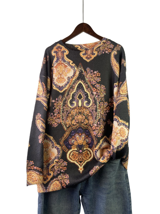 Floral pattern plus size sweater for fall & winter, women's casual long sleeve crew neck style