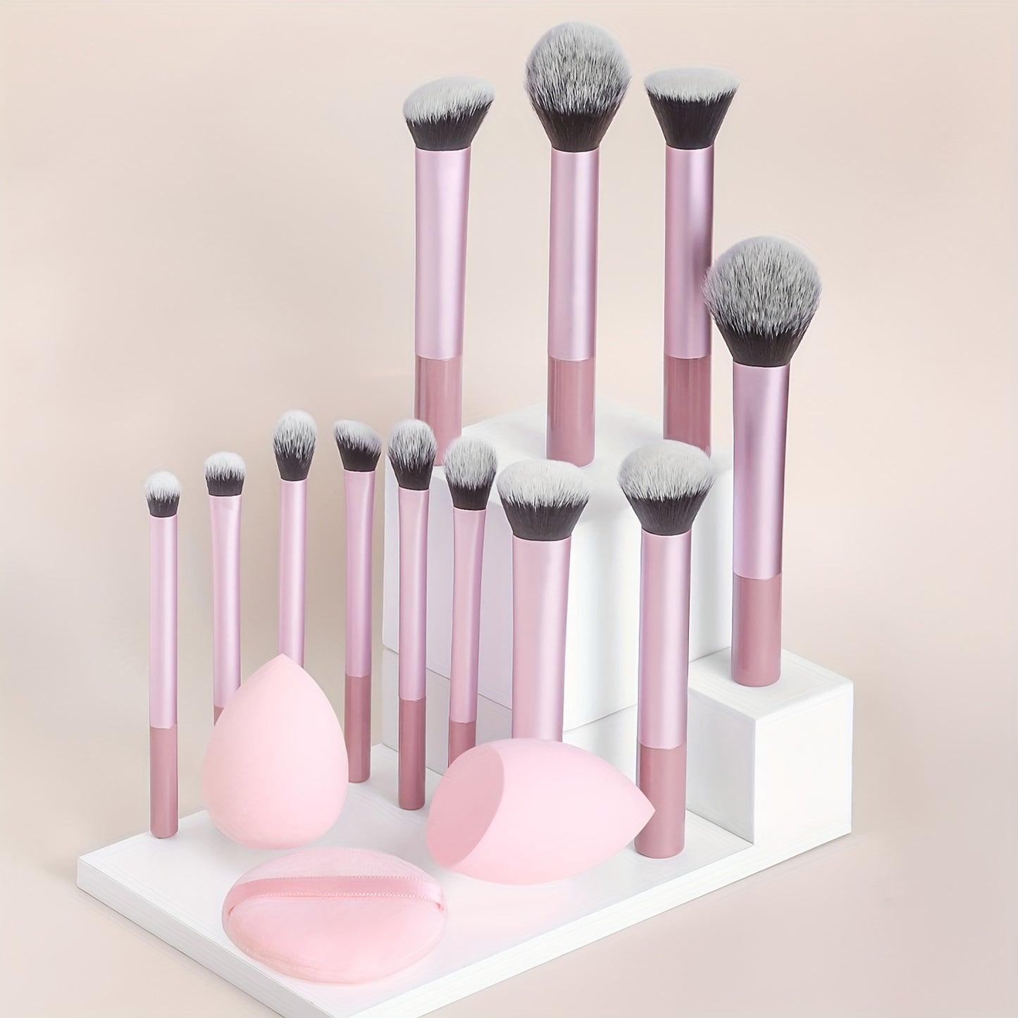 12-piece professional makeup brush set with nylon bristles, palm brushes, sponges, powder puff, ABS plastic handle, suitable for all skin types