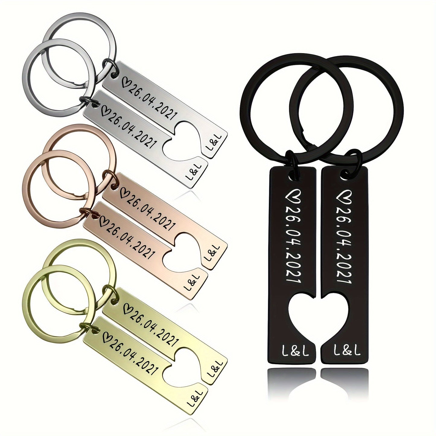 Personalized Hipster Style Couple Keychains with Date, made of high-quality stainless steel. Ideal Gift for Anniversary, Birthday, or Father's Day.