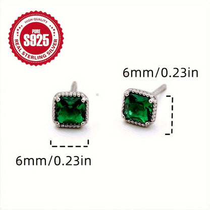 S925 Silver Square Earrings with Green Zirconia for Mother's Day, Vintage Grandmother Style, Lightweight at 1.4g per Pair, Hypoallergenic