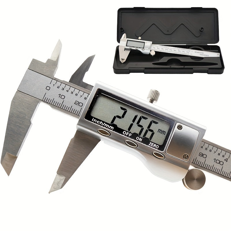 A 150mm stainless steel digital caliper with LCD display, also known as a 6-inch electronic vernier caliper, is a golden measuring tool with a digital caliper and thousandth scale ruler