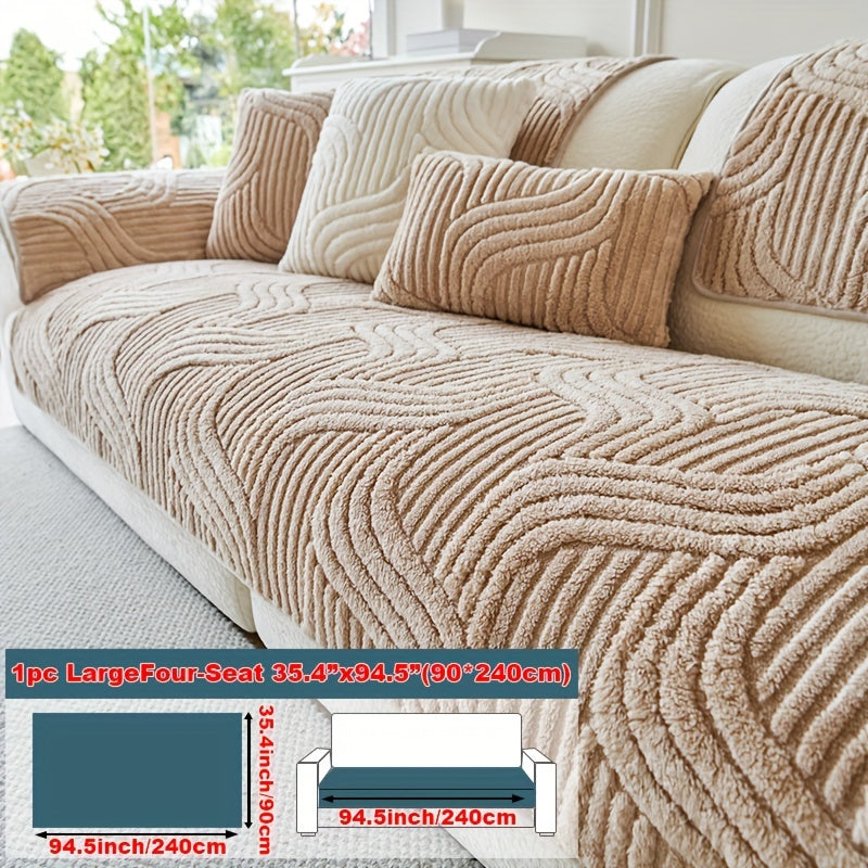 Plush non-slip sofa cover made of pet-friendly breathable polyester fabric. Modern luxury design suitable for living room, bedroom, or office. Machine washable and available in 250-300g square kilogram weight.