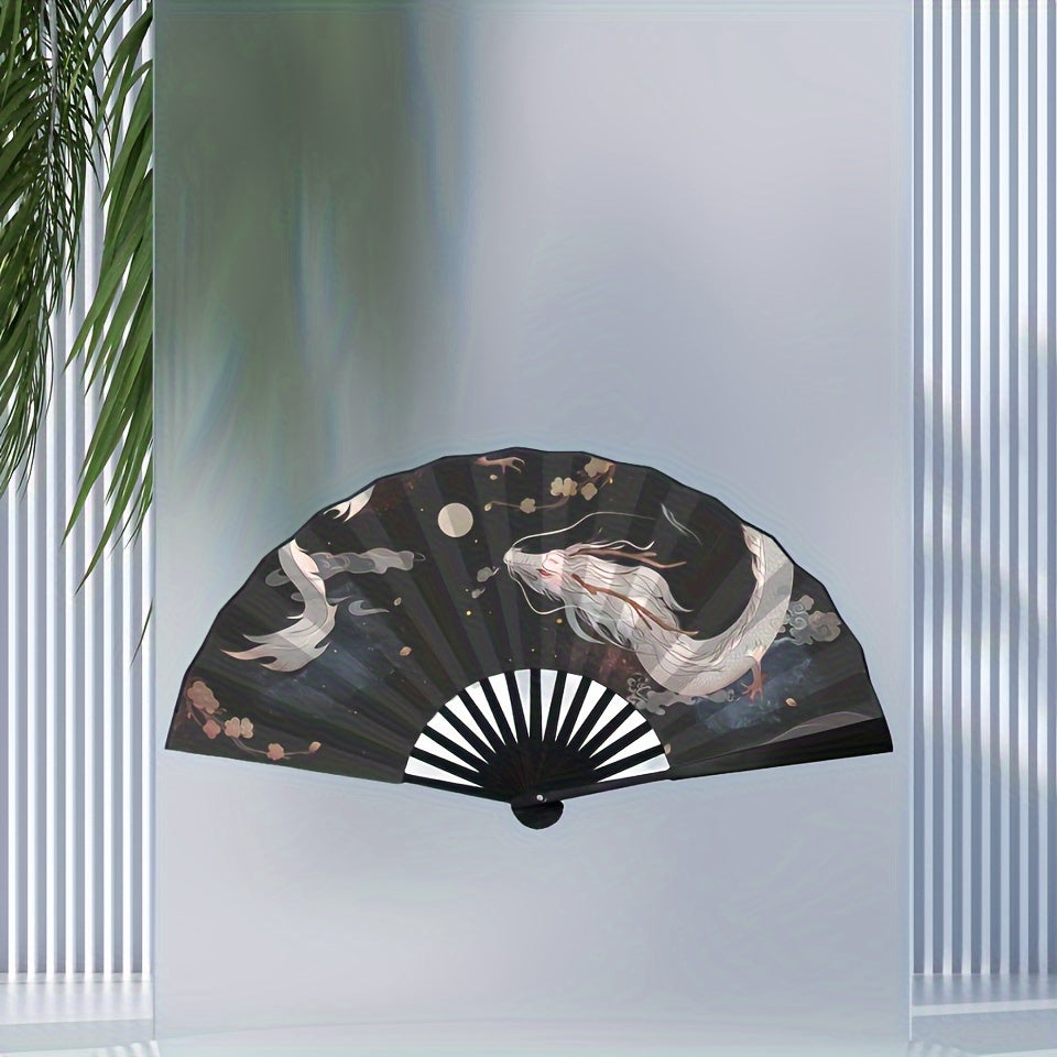 White Dragon Folding Fan - Elegant Chinese Design, Silky Fabric, Perfect for Men's Hanfu and Summer Must-Haves