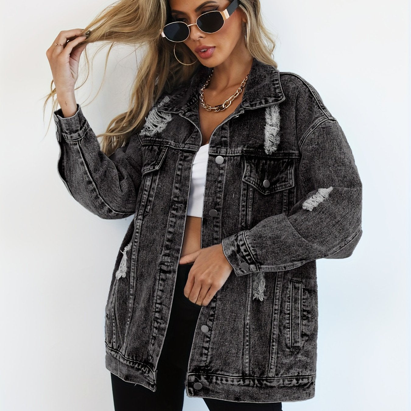 Women's ripped denim jacket