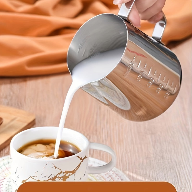 Stainless Steel Pull Flower Cup with scale, suitable for both household and commercial use. This milk frother cup comes in 350ml and 600ml sizes, perfect for Italian coffee and espresso makers. Get the perfect froth every time with this high-quality