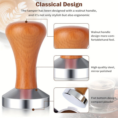 High-Quality Espresso Tamper with Wooden Handle - Available in 51/53/58mm Sizes, Featuring a Flat Bottom Design for Precise Tamping, Made of Rust-Proof Steel, Perfect for Baristas and Home Brewers, Handcrafted Tamper for Coffee Grounds, Essential