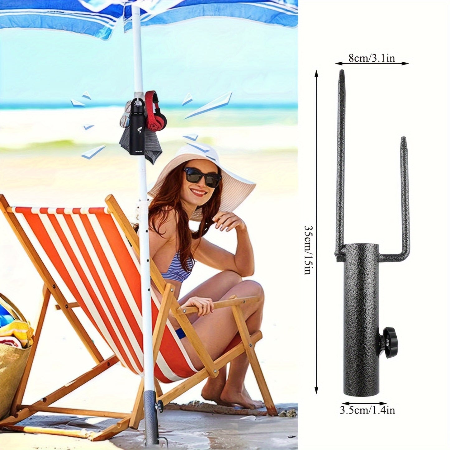 Portable umbrella base stand made of heavy-duty steel with rubber feet for stability. Fits 28-32mm poles, suitable for outdoor use. Features a sleek metallic design with a textured steel