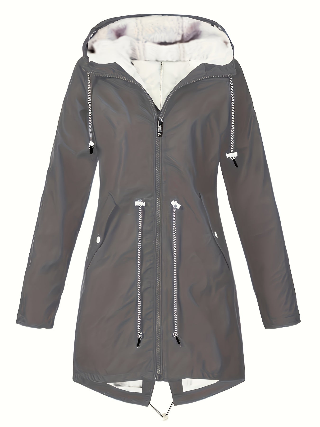 Winter trench coat for plus sizes made of 100% polyester with a non-stretch solid color fabric. Features a drawstring detail and a long length.