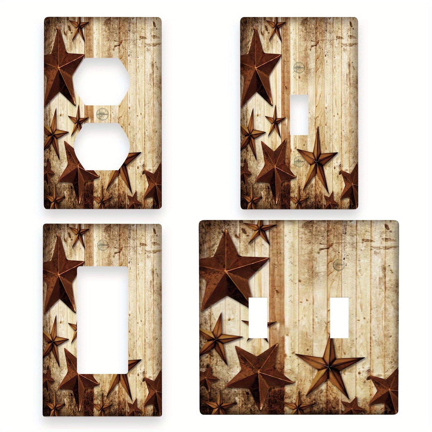 Farmhouse decor light switch cover with barn wood and barn stars design for room, kitchen, or bathroom.