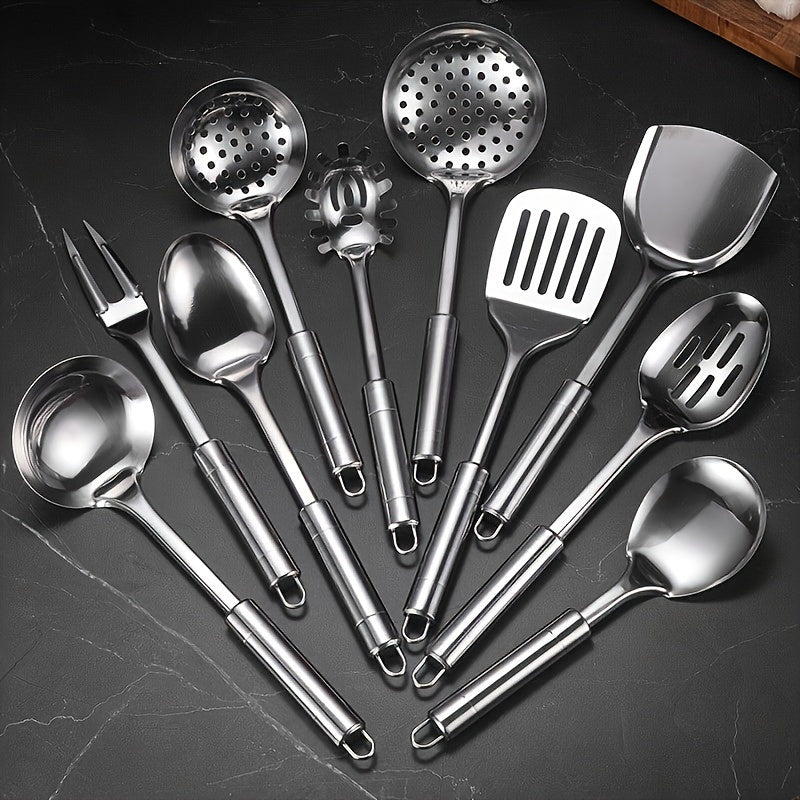 Set of 10 Stainless Steel Kitchen Utensils - Comes with Spatula, Ladle, Slotted Turner, and More - Reliable Cooking Tools for Home and Restaurant Purposes