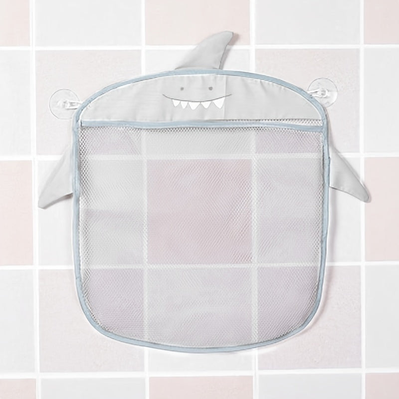 Mesh bag with suction cups for bathroom use, featuring cute cartoon animal shapes for storing cloth items and sand in the shower or bath.