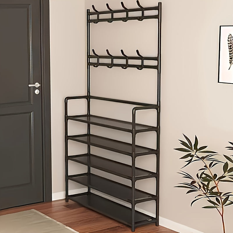 Multi-tier iron storage organizer with 8 dual hooks, versatile shoe rack and coat hanger for various rooms - uncharged, includes SKU quantity.