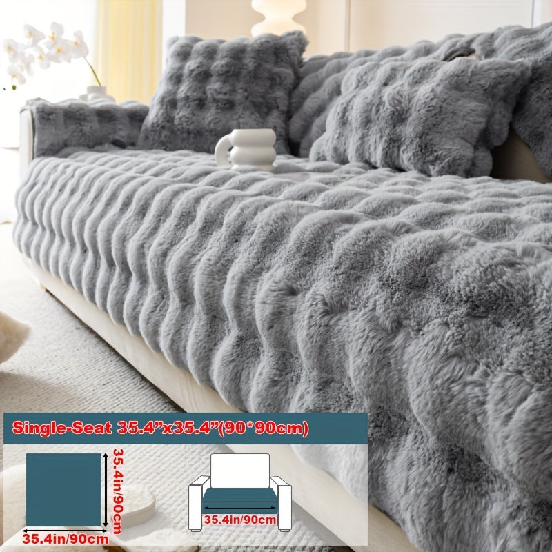 Imitation rabbit plush sofa cover for winter warmth, non-slip protection for furniture in home or office.