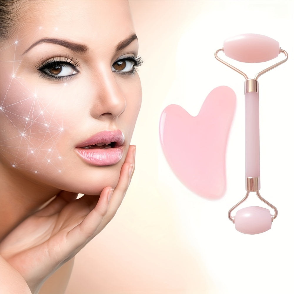 Heart-shaped eye corner scraping board made of stone with a dual-ended facial massage roller and Gua Sha tool, fragrance-free.