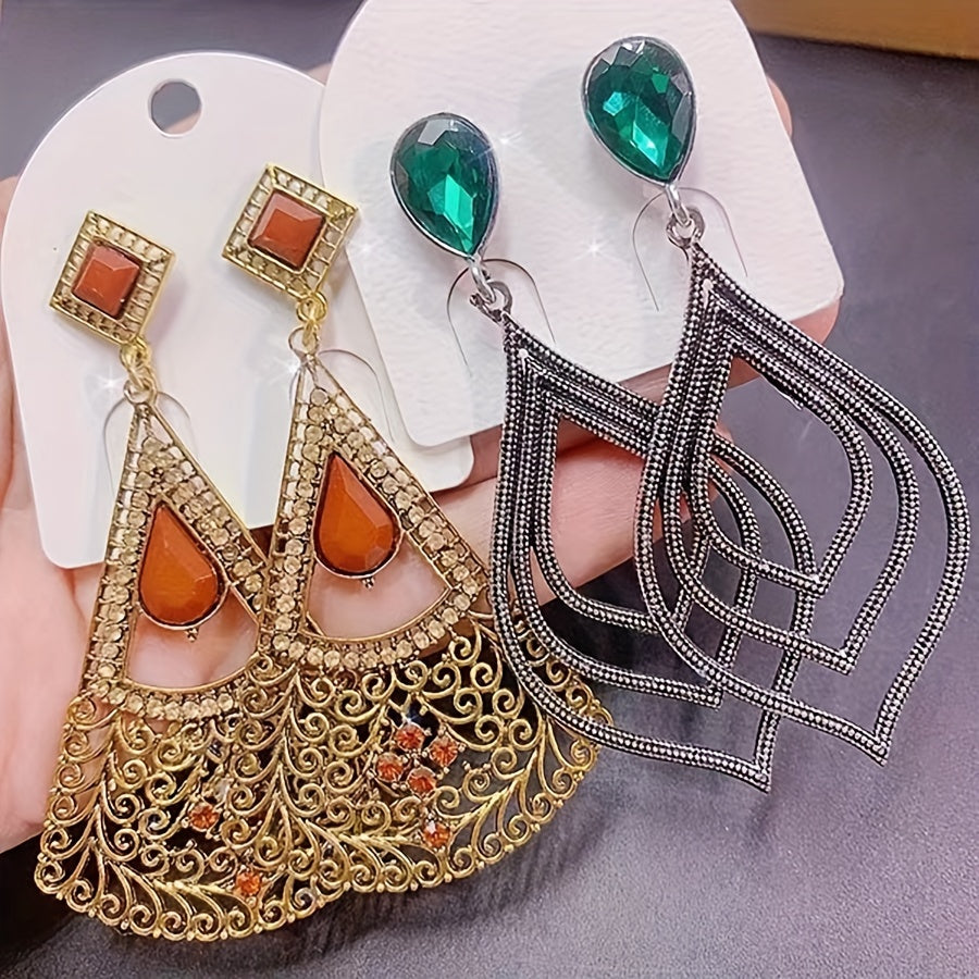 A set of 10 vintage tribal style copper alloy earrings featuring synthetic zirconia inlay, representing the August birthstone with religious symbols theme. These earrings have a copper ear needle and are non-feather, suitable for daily wear or parties.