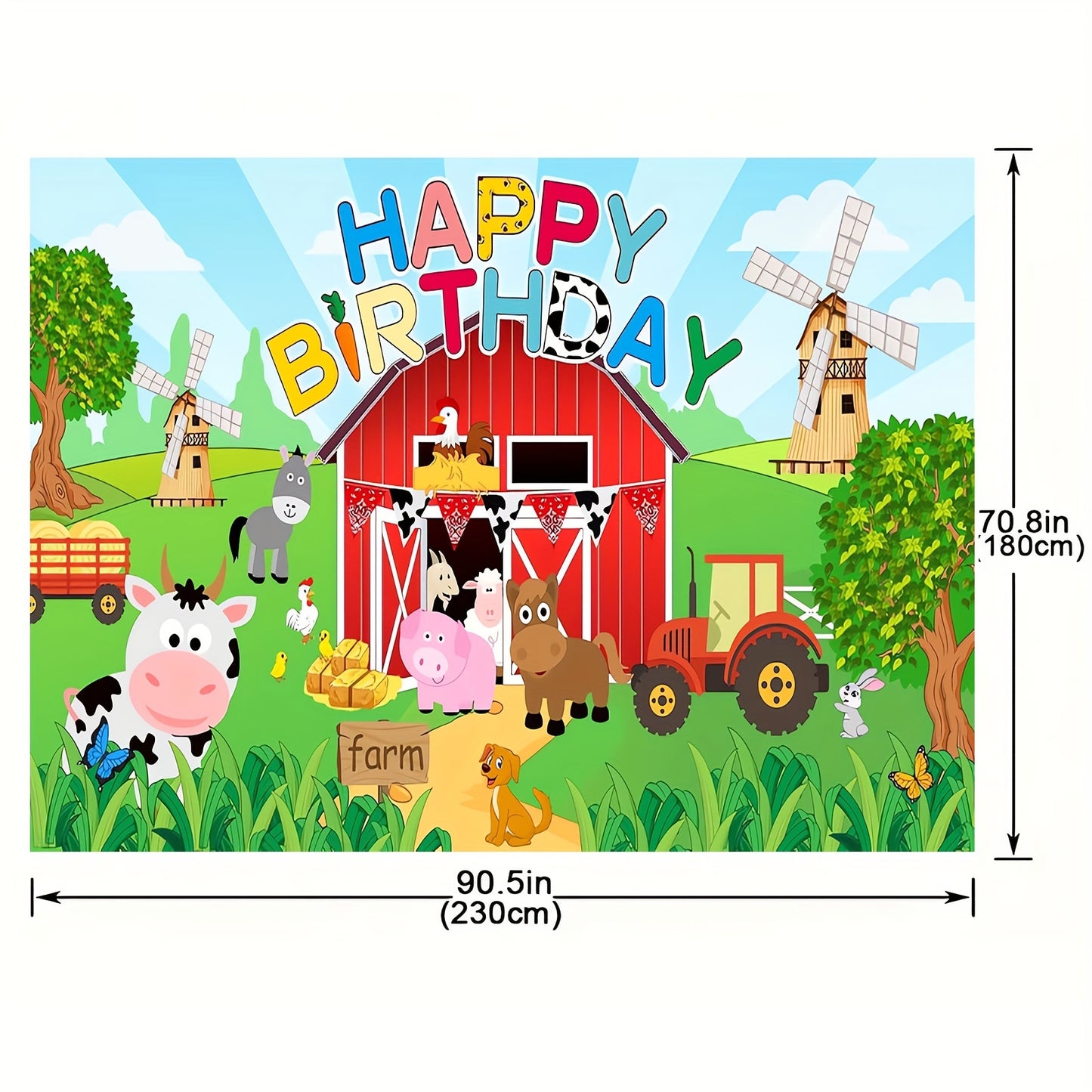 Large farm animal birthday party backdrop for kids' celebrations, 129.54x149.86cm (70.8x90.5") polyester photo background