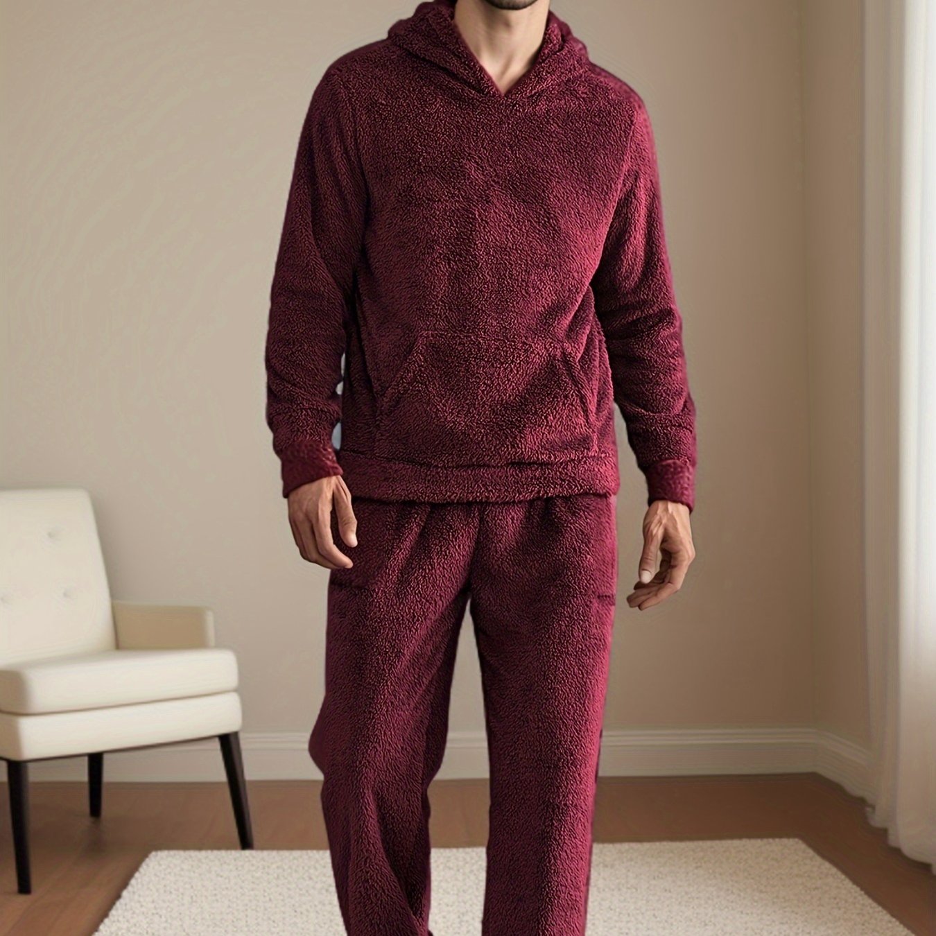 Cozy Men's Hooded Pajama Set made of plush fleece, with pockets and machine washable for winter sleepwear.