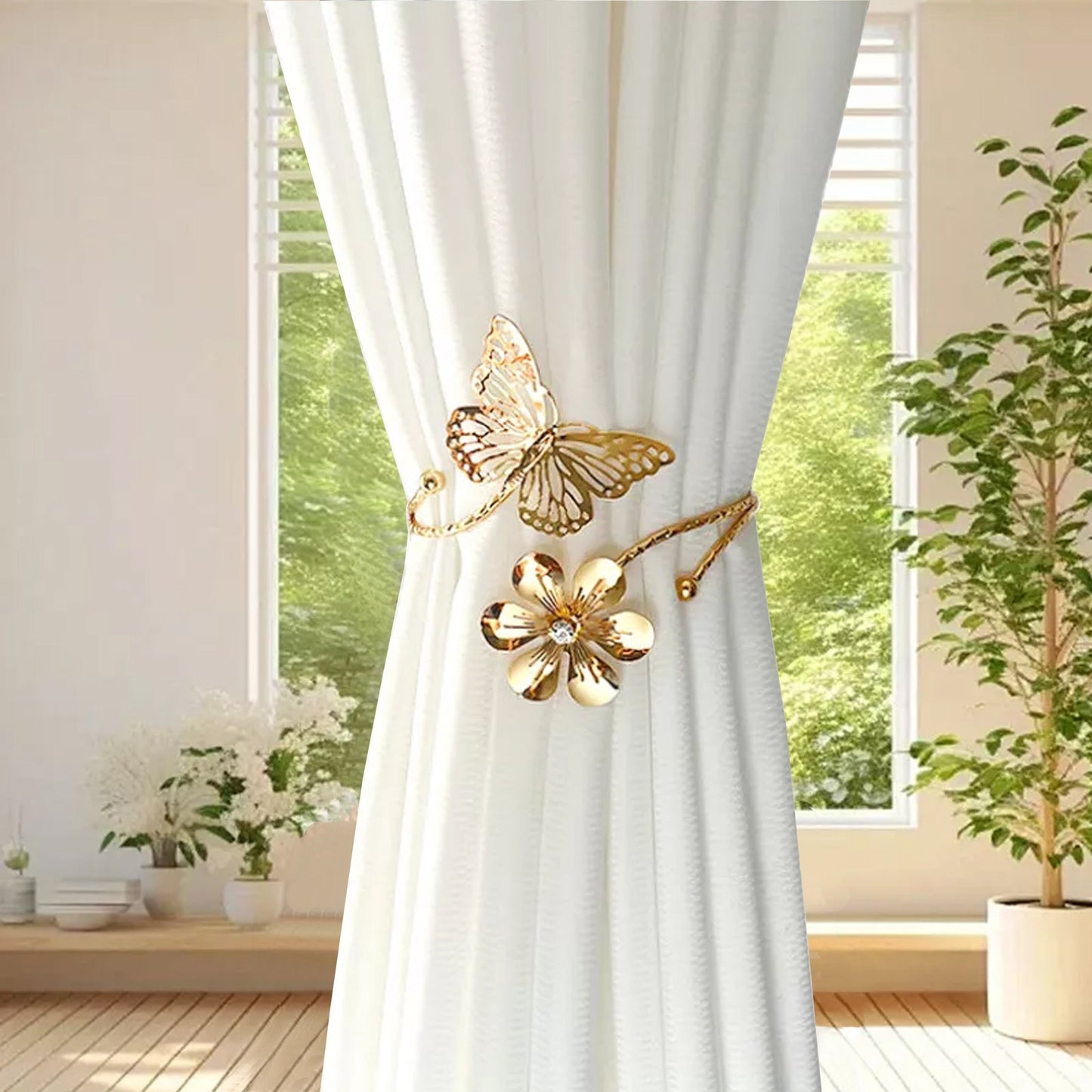 Add a touch of elegance to your home decor with these modern minimalist curtain tiebacks. Crafted in a golden/silvery butterfly and flower design, these adjustable holders can be easily installed without drilling. Perfect for the living room, bedroom, or