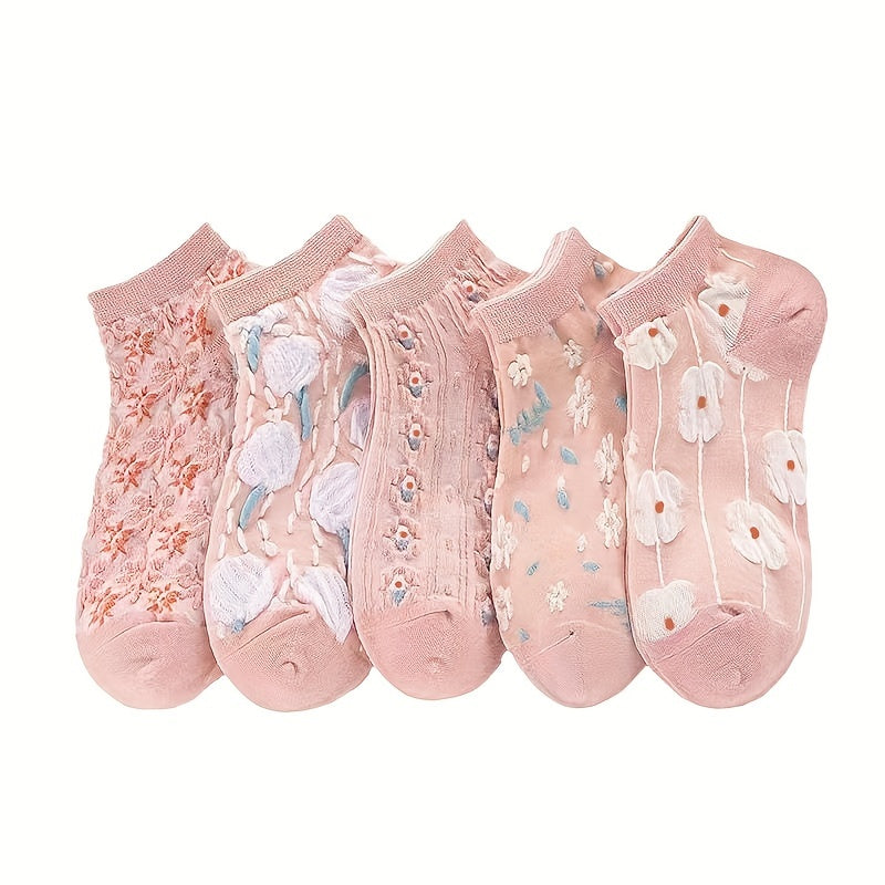 5 sheer pink floral ankle socks for women made of soft polyester with delicate flower patterns, ideal for spring and autumn.