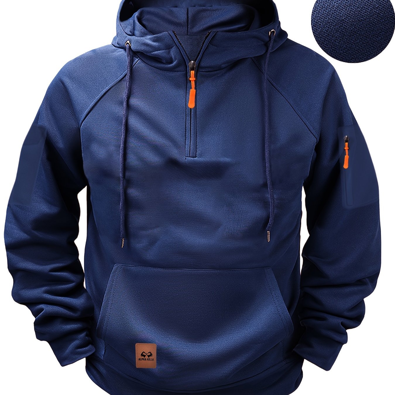 Men's Navy Blue Hooded Sweatshirt with Zip-Up Henley Collar, Kangaroo Pocket - Ideal for Fall/Winter Outdoor Activities - 100% Polyester Blend - Smooth Texture, Cozy Knit Fabric for Leisure