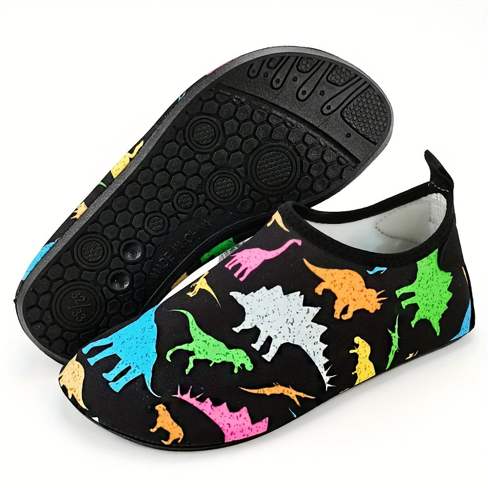 Toddler Boys Dinosaur Beach Shoes, Lightweight Water Shoes for Swimming and Surfing, in Black and Blue for Little Kids and Big Kids.