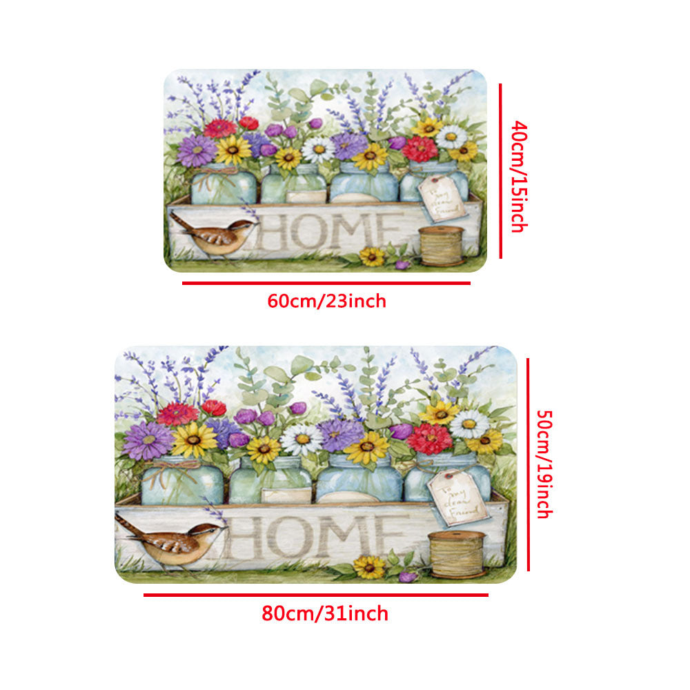 Spring Floral and Bird Design Home Door Mat, Perfect for Easter and Valentine's Day, Anti-Fatigue Kitchen Decor, Machine Washable, Stain Resistant, Non-Slip, Made of Polyester, 1 Piece, Rectangle Shape, 1.2cm Thick