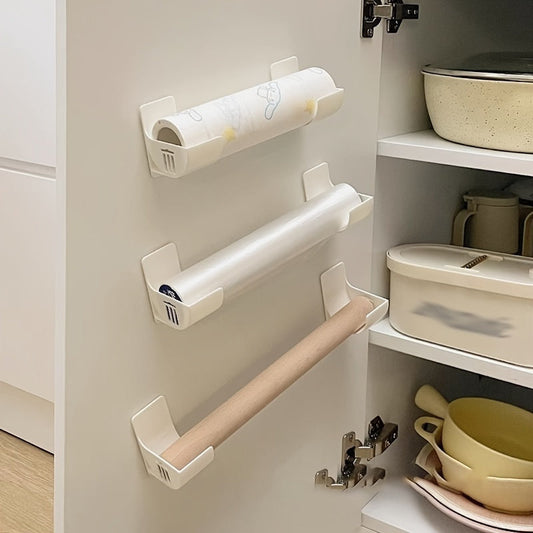 Set of four plastic storage racks. Can be mounted on the wall without drilling. Perfect for organizing kitchen wrap, trash bags, cabinets, fridge side, sink, lids, and other items. Made of non-wooden material and does not require power.