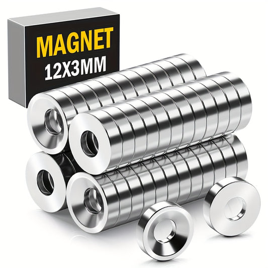 20 heavy-duty Neodymium Disc Magnets, 12x3mm with 4mm Countersunk Hole, strong and durable for tools, home, and workplace use.