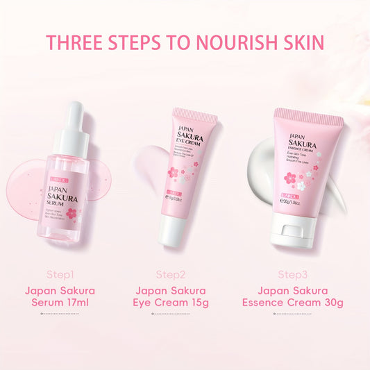 Sakura Facial Care Set with 3 pieces: hydrating, moisturizing, firms skin, reduces wrinkles, increases elasticity. Perfect gift for holidays or special occasions.