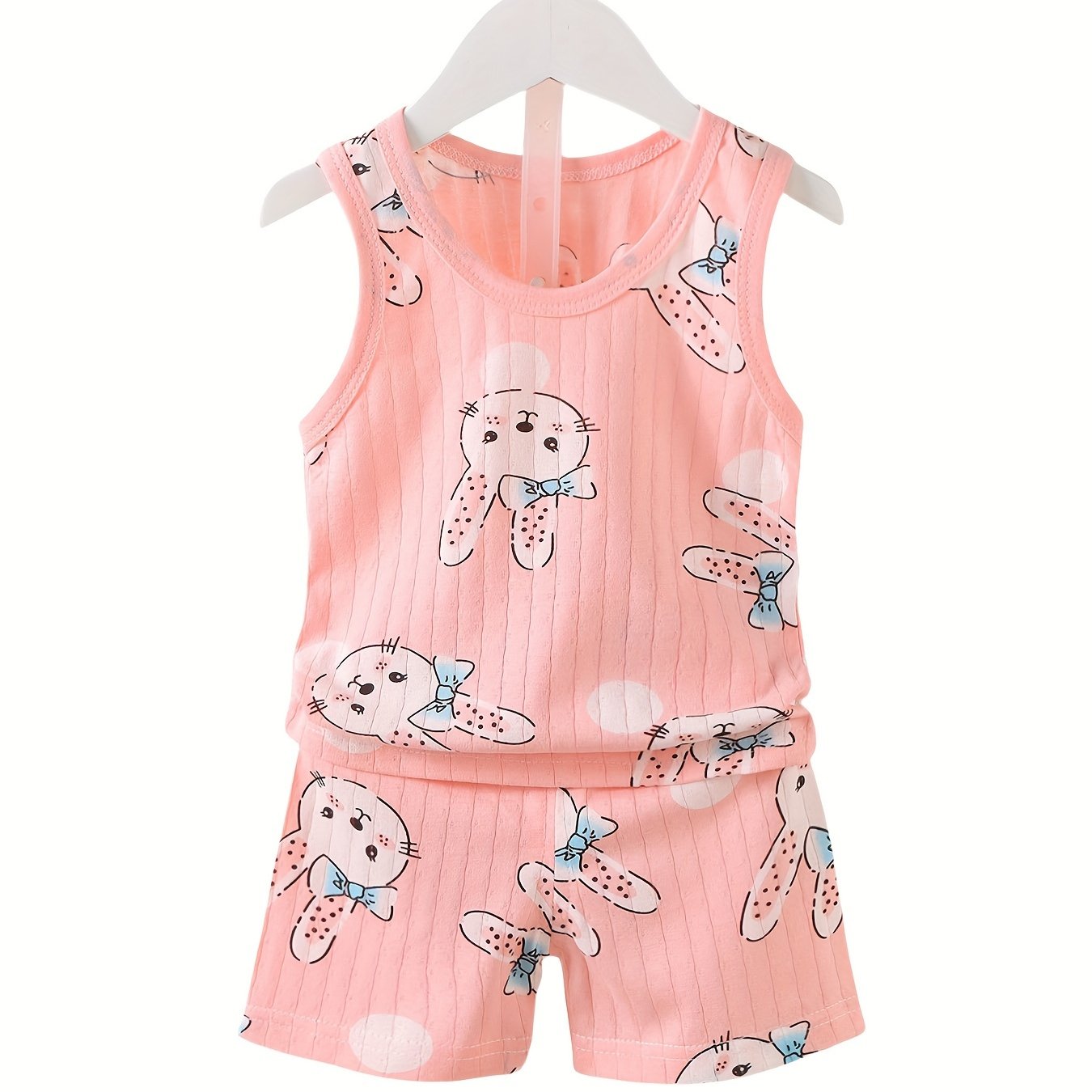 Kids' Cartoon Bear Print Cotton Underwear Set, Cute Style, Crew Neck Sleeveless Top and Shorts, Boys Summer Outfit