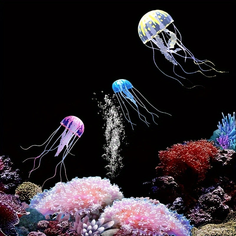 Luminous silicone jellyfish aquarium ornament for fish tank decoration.