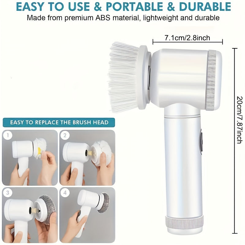 5-in-1 rechargeable electric cleaning brush set with medium firmness, USB charging, and grip handle. Suitable for bathroom, kitchen, bedroom, living room, and toilet. Made of plastic with