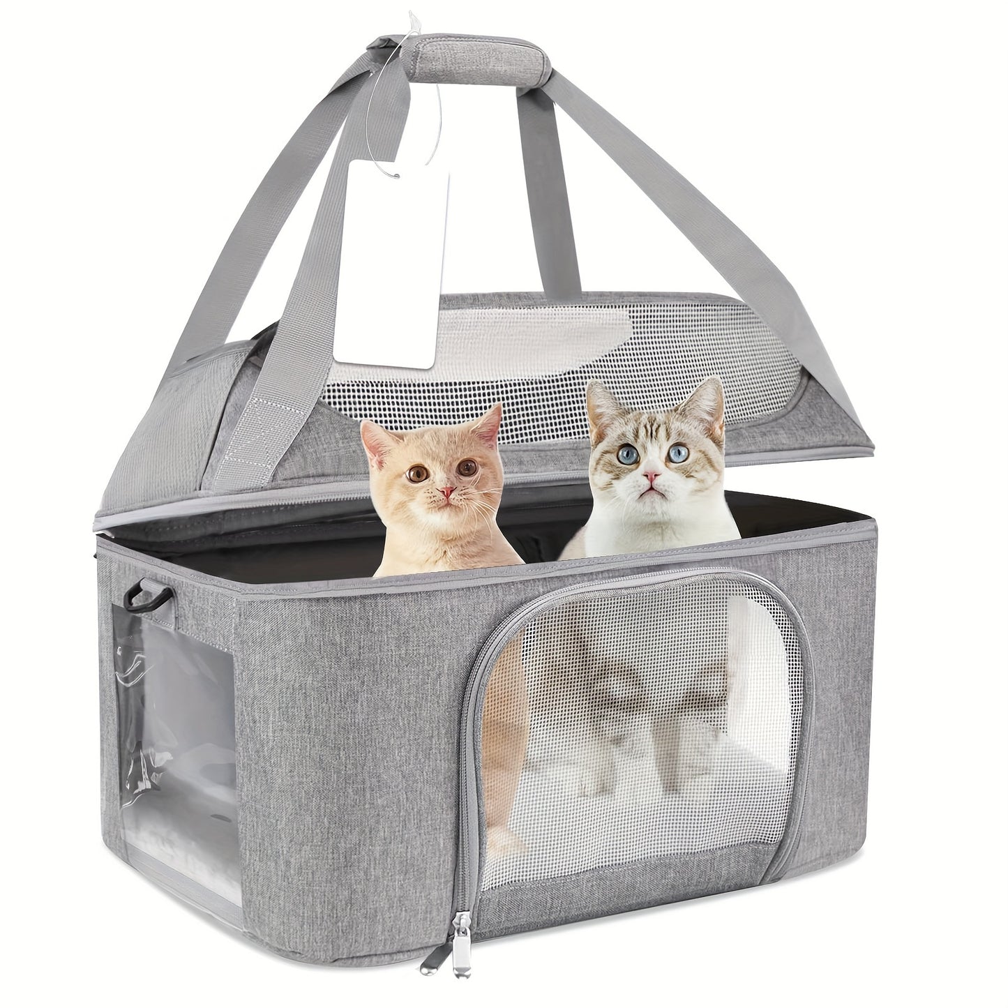 Durable polyester pet carrier bag in cozy gray, ideal for dogs and cats with zipper closure.