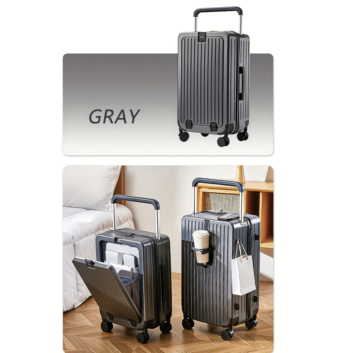 1pc Suitcase with front opening storage compartment, dry and wet separation compartment, unique wheel design, and travel password boarding feature.