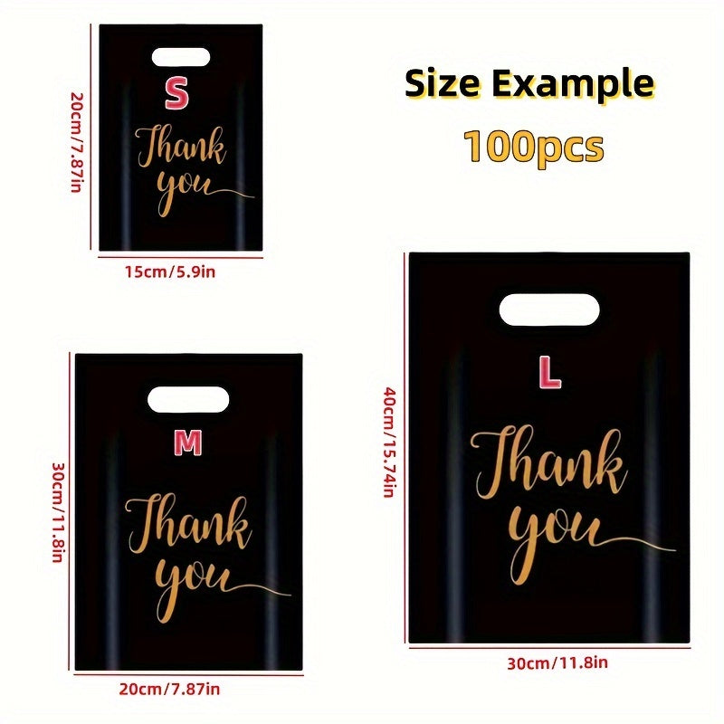 100-Pack Premium Black PE Thank You Bags with Die Cut Handles. Water-resistant and reusable. Ideal for boutiques, parties, and holiday gifts.