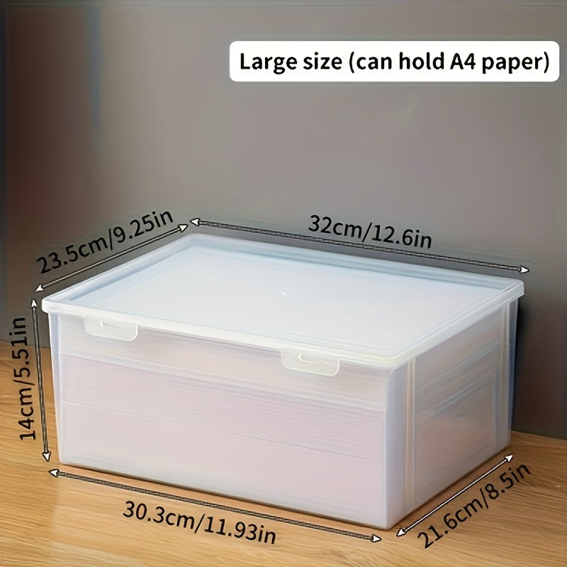 Transparent A4 size plastic document box for storing papers, certificates, and other documents in offices and homes. Perfect for school and home office storage supplies.