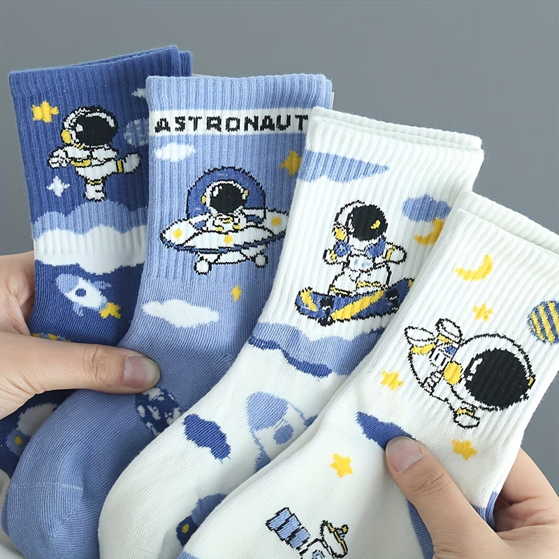 8 pairs of kids' cute astronaut pattern crew socks, comfy and breathable for spring and summer.