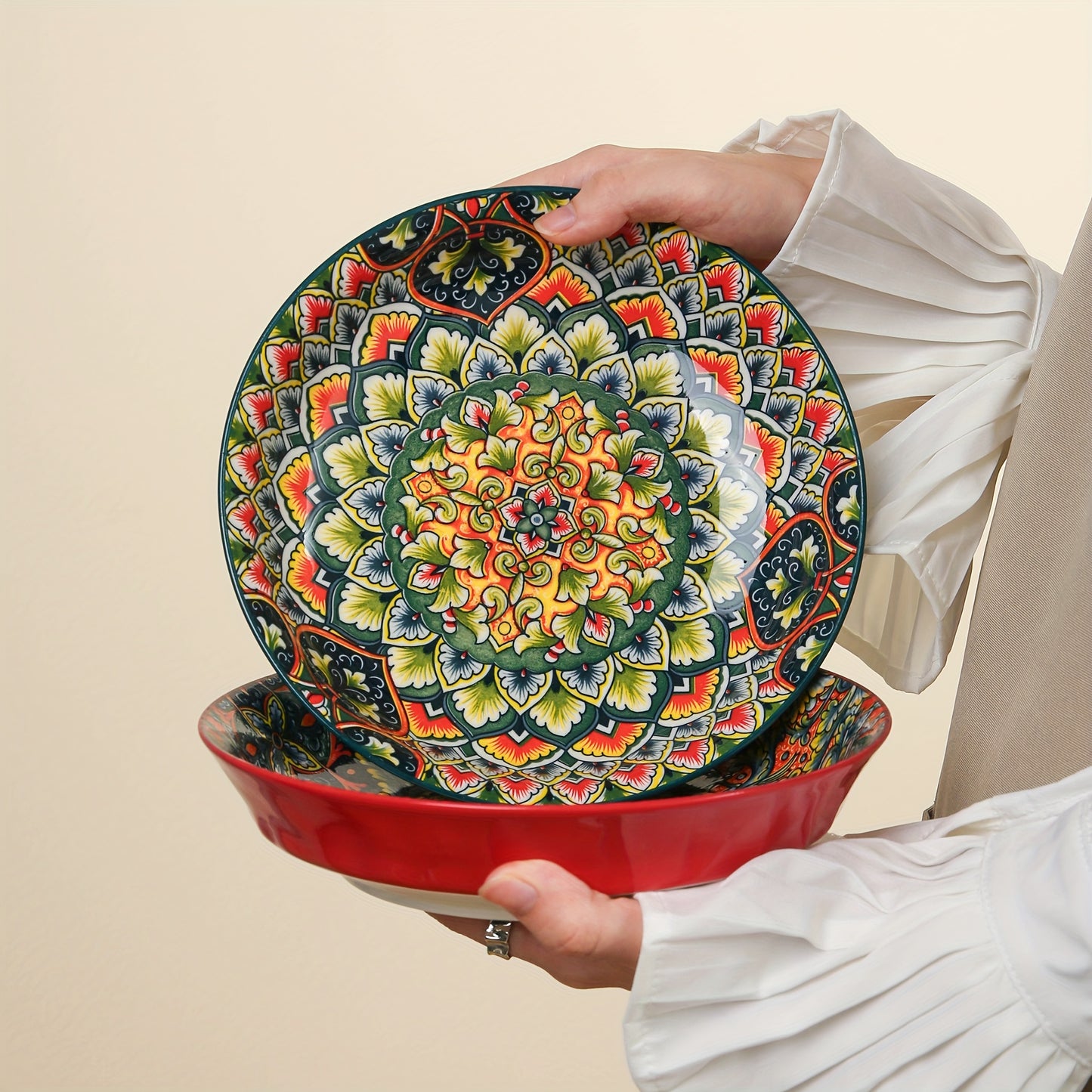 1pc 8-inch Bohemian Style Ceramic Dinner Plate suitable for home and restaurant use. Microwave safe.