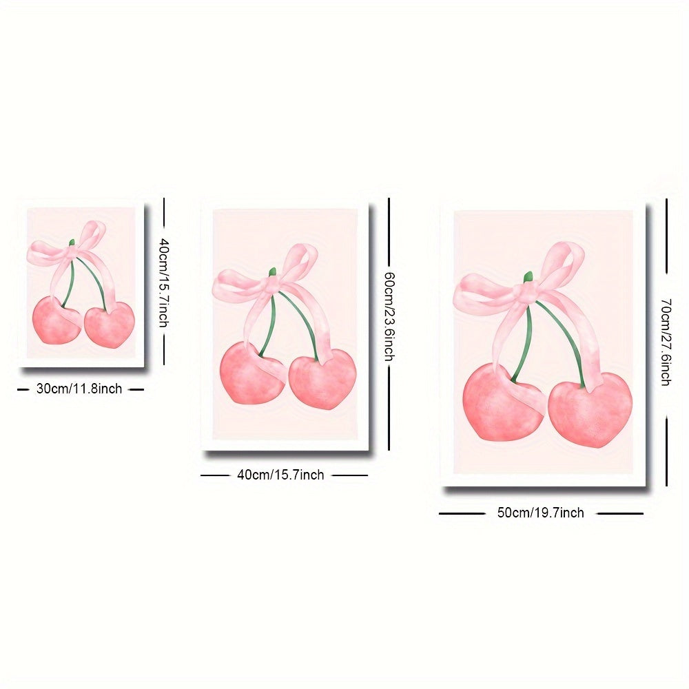 Set of 3 unframed pink cherry bow posters, ideal for home decor in living room, bedroom, girl room, dorm, or college apartment. Great gift idea.