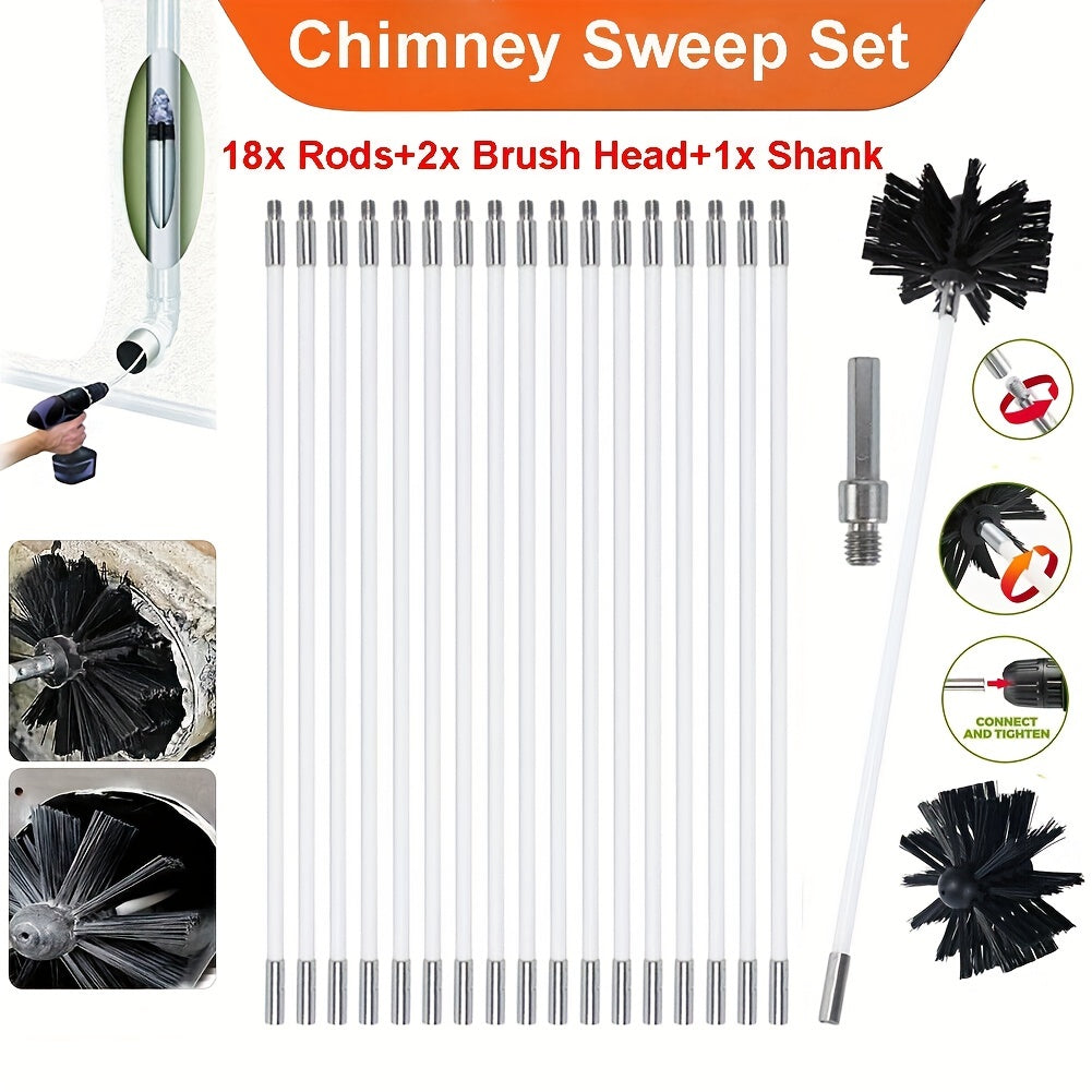 A set of 21 flexible chimney sweep rods for cleaning soot and debris from flues.